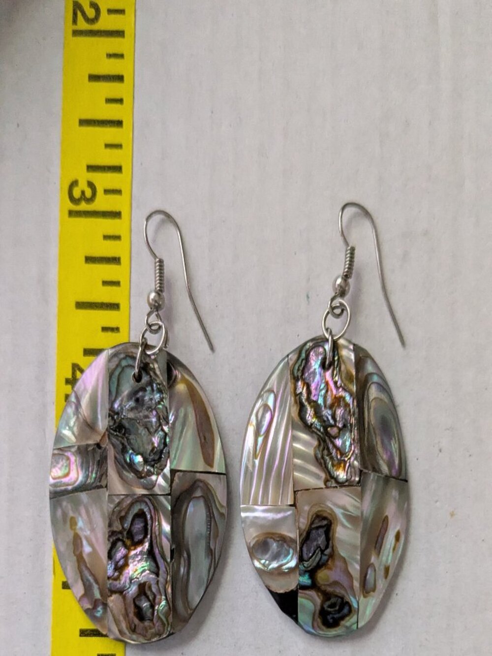 Abalone Paneled Oval Dangle Drop Shepherd Hook Pierced Earrings